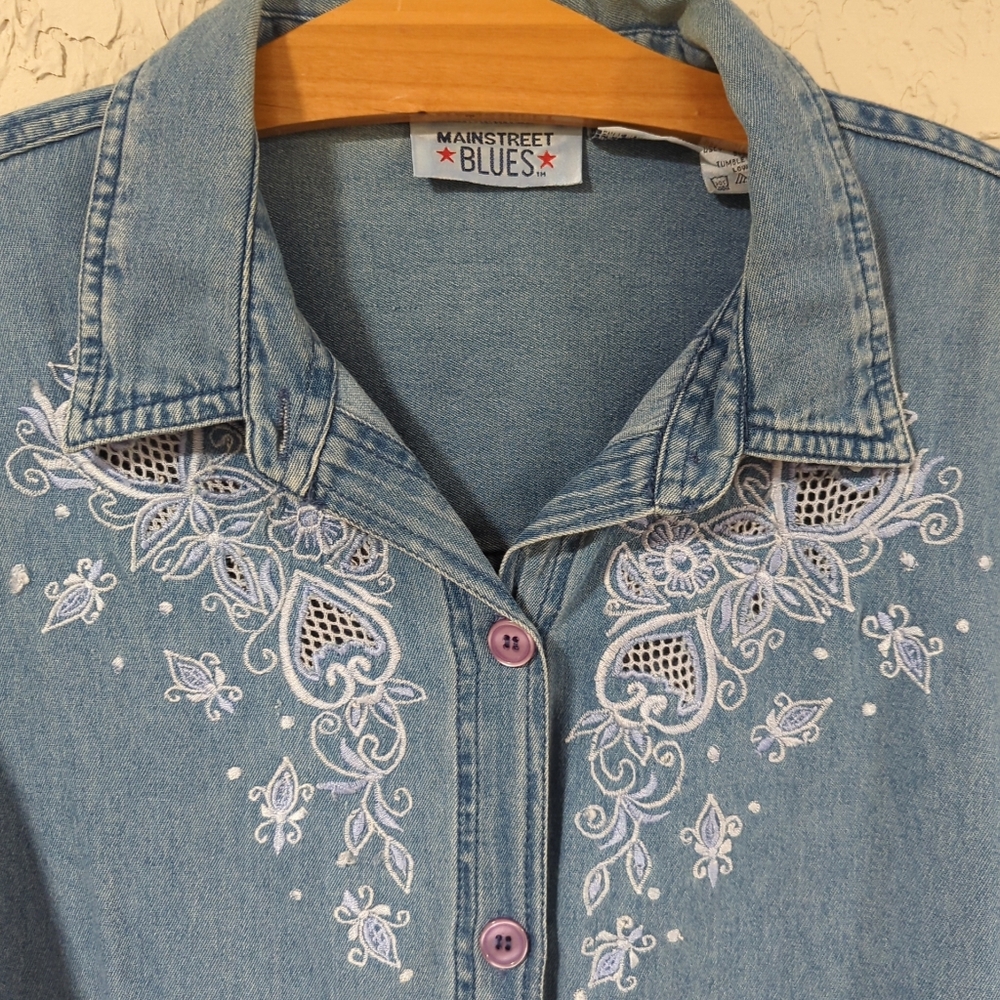 Main Street Blues Blue Denim Shortsleeve Button-Up Shirt Embroidered Women's 20W - Picture 4 of 15
